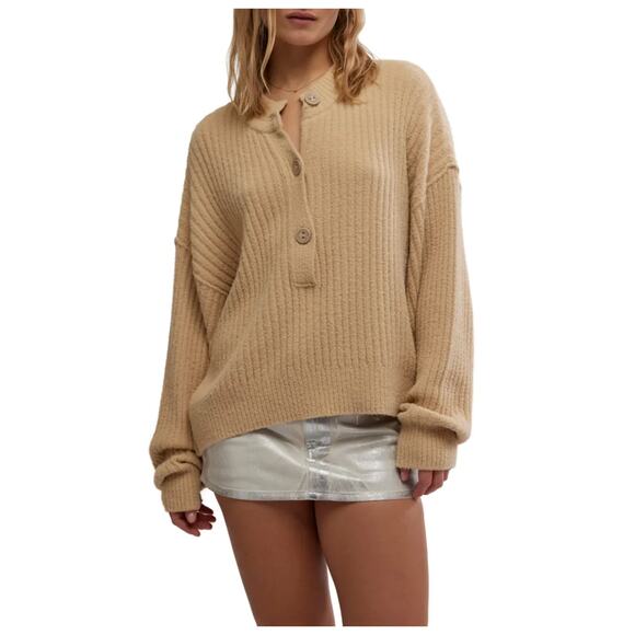 Free People Sweaters - Free People Cocoa Rib Henley Sweater Size XL